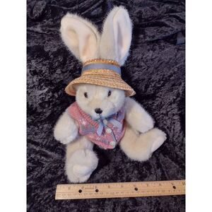 Plush Stuffed Jointed Easter Bunny Rabbit with Pink Blue Sweater and Straw Hat